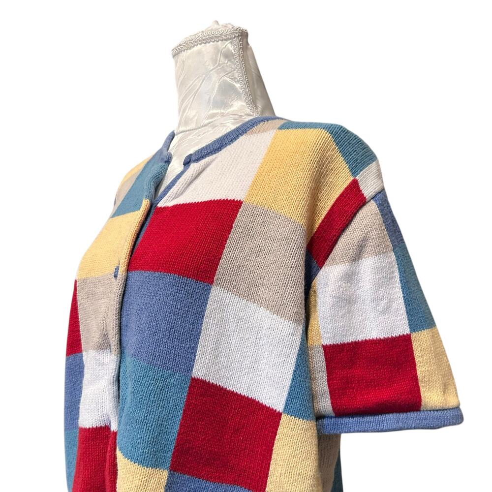 Patchwork Checked Knit Short Sleeve Cardigan Wome… - image 10